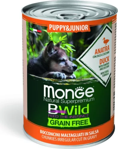 Monge BWild Grain Free Dog PUPPY/JUNIOR - Kacsa sütőtökkel és cukkinivel 400 g