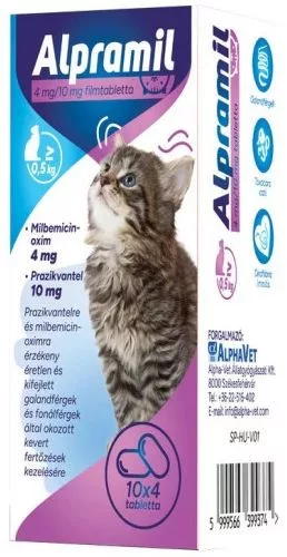 Alpramil 4 mg / 10 mg filmtabletta legalább 0,5 kg testtömegű macskáknak 10 x 4 db