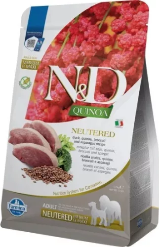 N&D Quinoa Dog Kacsa, brokkoli & spárga adult neutered medium & maxi 2,5 kg