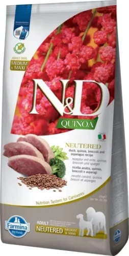 N&D Quinoa Dog Kacsa, brokkoli & spárga adult neutered medium & maxi 12 kg