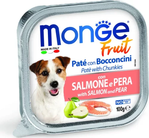 Monge Dog Fruit Paté&Chunkies lazac-körte 100 g KARTON - 4 db