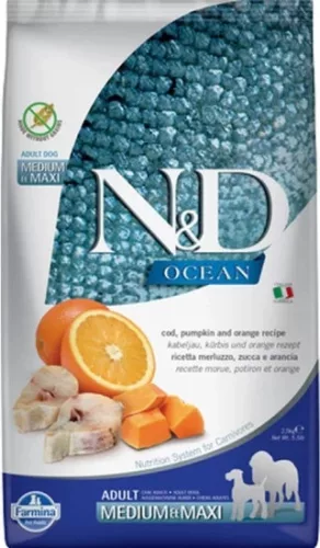 N&D Dog Ocean tőkehal, sütőtök & narancs adult medium/maxi 2,5 kg