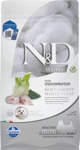 N&D Soft & Shiny White Coat Dog tengeri sügér, spirulina & édeskömény adult mini 2 kg