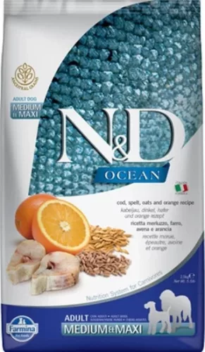 N&D Dog Ocean tőkehal, tönköly, zab & narancs adult medium & maxi 2,5 kg