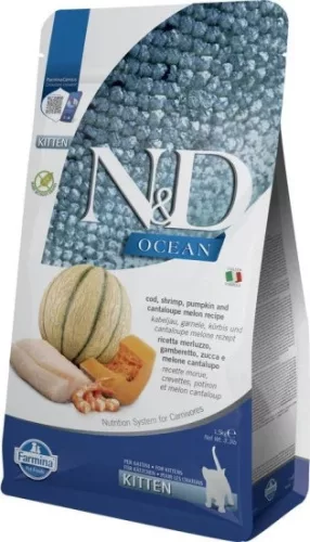 N&D Ocean Cat tőkehal, garnéla, sütőtök & sárgadinnye Kitten 1,5 kg