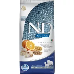   N&D Dog Ocean tőkehal, tönköly, zab & narancs adult medium & maxi 12 kg