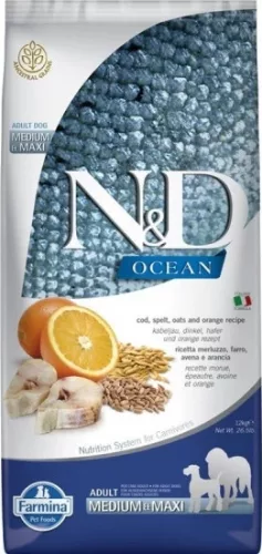 N&D Dog Ocean tőkehal, tönköly, zab & narancs adult medium & maxi 12 kg
