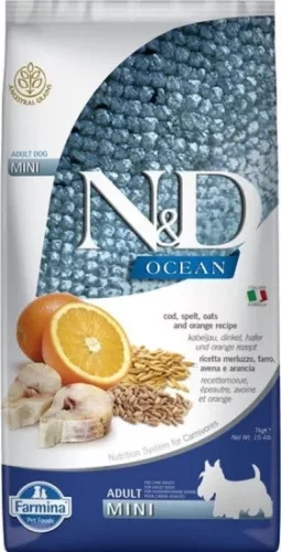 N&D Dog Ocean tőkehal, tönköly, zab & narancs adult mini 7 kg