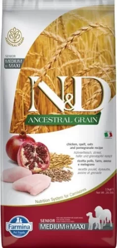 N&D Dog Ancestral Grain csirke, tönköly, zab & gránátalma senior medium & maxi 12 kg