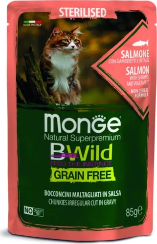 Monge BWild Grain Free Cat Sterilised - Lazac, garnéla és zöldségek 85 g 