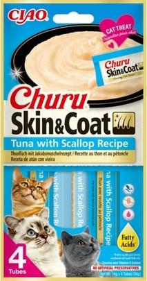 Inaba Cat Ciao Churu Skin & Coat krémes macskaeledel - tonhal, fésűkagyló 4 x 14 g