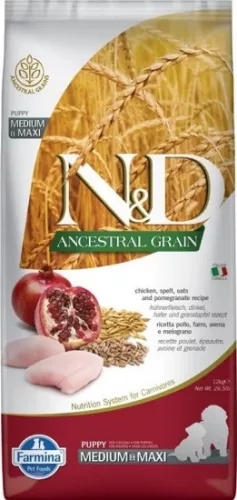 N&D Dog Ancestral Grain csirke,tönköly,zab & gránátalma Puppy Medium & maxi 12 kg