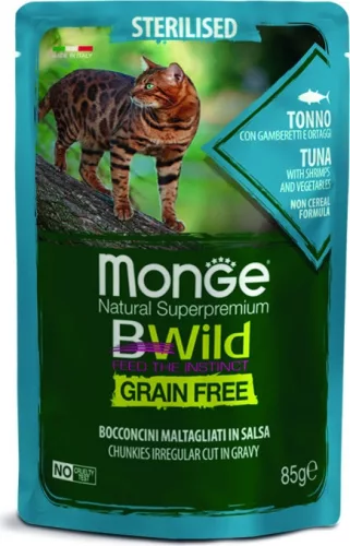 Monge BWild Grain Free Cat Sterilised - Tonhal, Garnéla és zöldségek 85 g