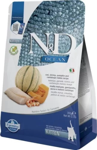 N&D Ocean Cat tőkehal, garnéla, sütőtök & sárgadinnye Kitten 300 g
