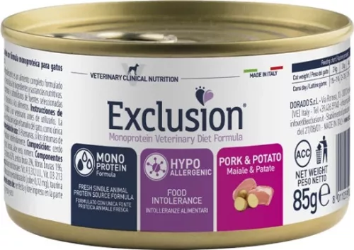 Exclusion Hypoallergenic Pork & Potato Canned macska gyógytáp 85 g KARTON - 24 db
