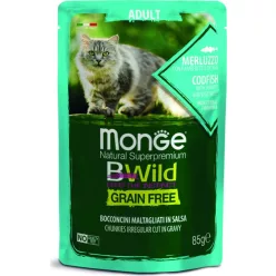   Monge BWild Grain Free Cat Adult - Tőkehal, garnéla és zöldségek 85 g  KARTON - 4 db