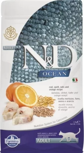 N&D Cat Ocean tőkehal, tönköly, zab & narancs adult 1,5 kg