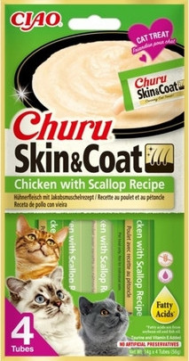 Inaba Cat Ciao Churu Skin & Coat krémes macskaeledel - csirke, fésűkagyló 4 x 14 g